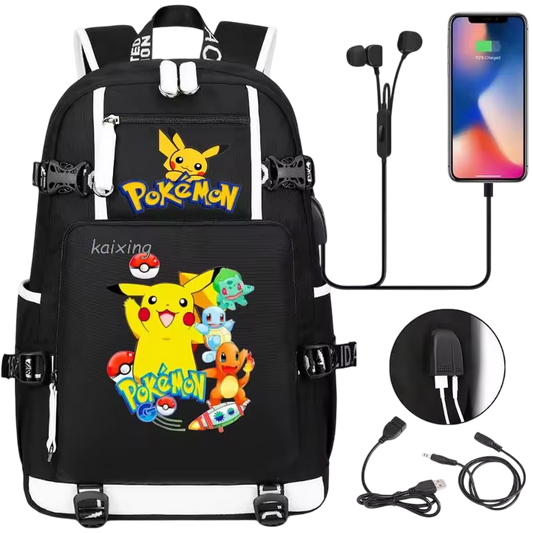🎒 Sac à Dos Pokémon avec Port USB – Pikachu & Friends / Motif Graphique