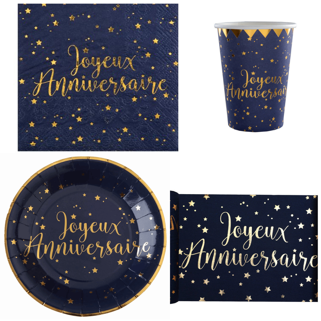 Ensemble Joyeux Anniversaire Bleu & Or Elegant