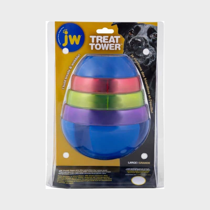 Le JW Treat Tower est un jouet d’occupation interactif qui distribue des croquettes ou des récompenses pour enrichir le quotidien de votre chien mais surtout stimuler son activité mentale et physique.