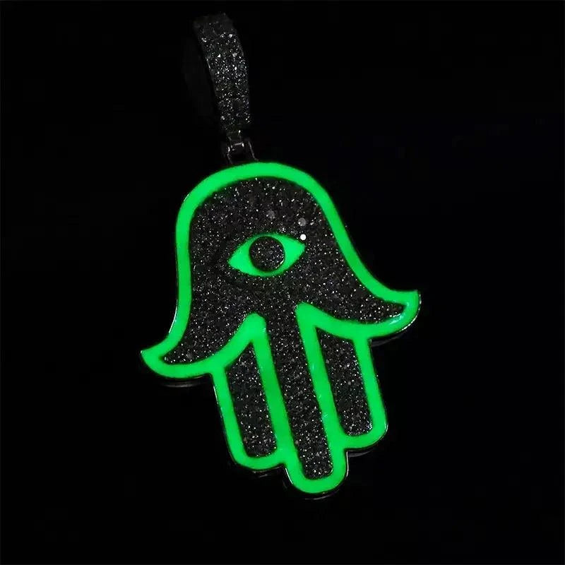 Main Hamsa en argent phosphorescent avec diamants Moissanite - Passeport Cases