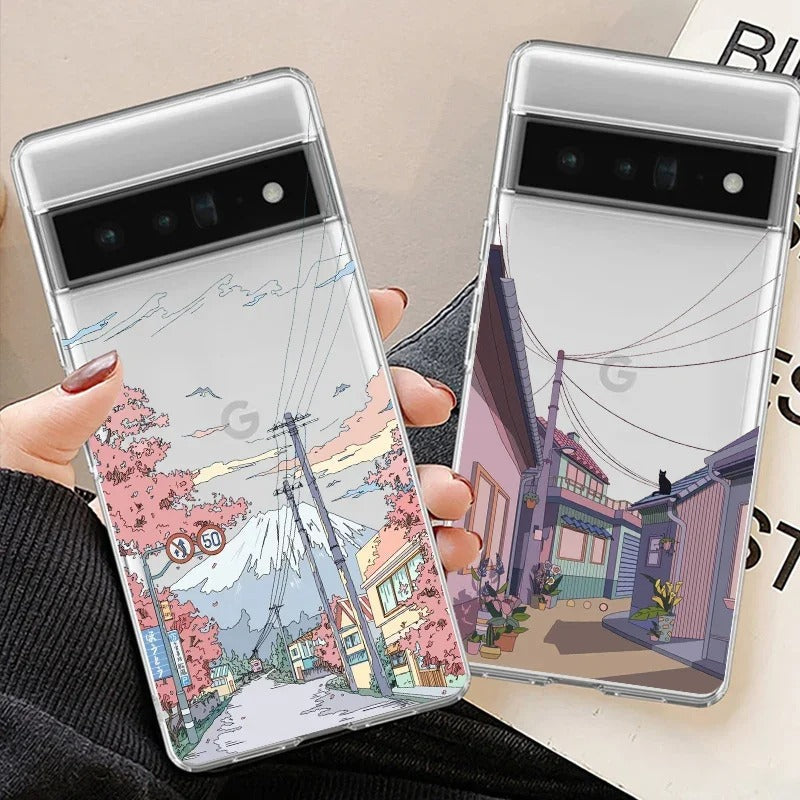 Coque Transparente Paysage d'Anime Japonais pour Google Pixel