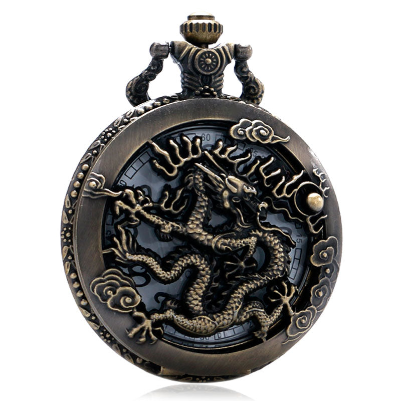 Montre de Poche Vintage Noir avec Motif Dragon