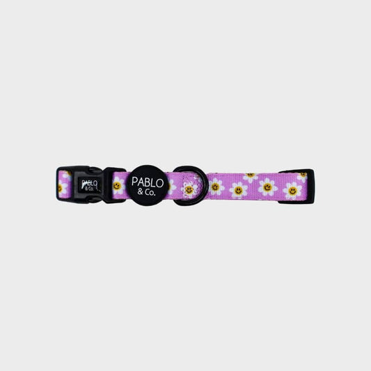 Collar de perros de tela - flores sonrientes lilas 🌸