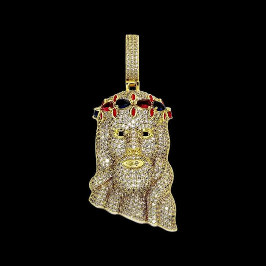 Pendentif Jésus plaqué or de qualité supérieure avec diamants de laboratoire rubis / saphir - Passeport Cases