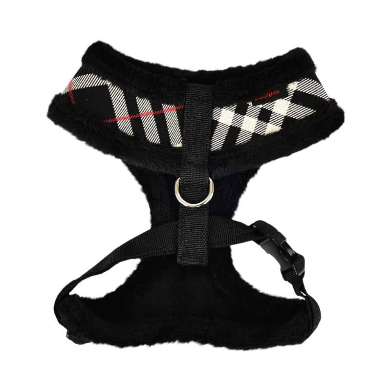 Adjustable harness for dog fur - beige & black tartan pattern