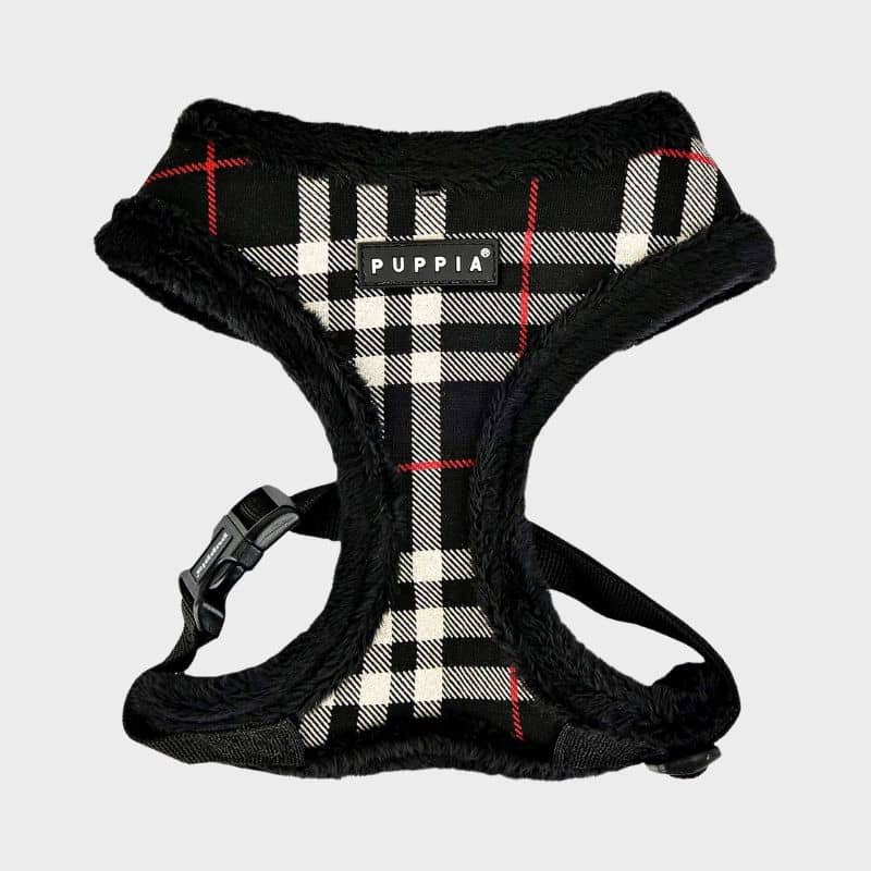 Adjustable harness for dog fur - beige & black tartan pattern