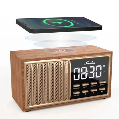 Radio Réveil Bluetooth Bois - Avec chargeur à induction