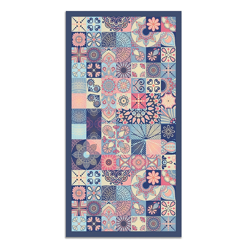 Tapis Vintage Bleu Marine aux Motifs Géométriques