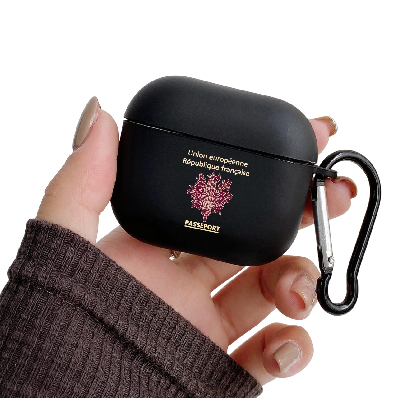 Coque AirPods France – Noir avec logo passeport