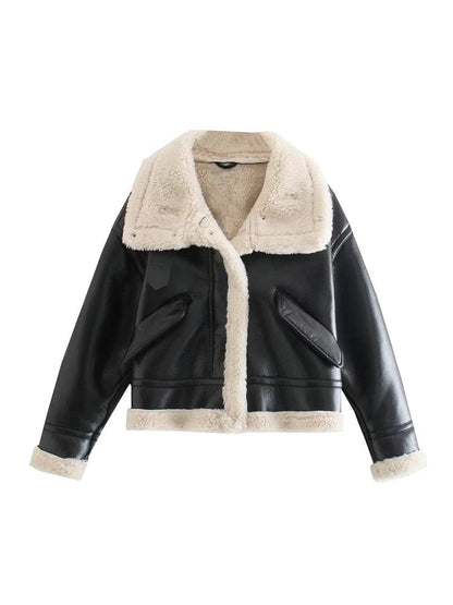 Veste Vintage en Cuir PU et Laine pour Femme