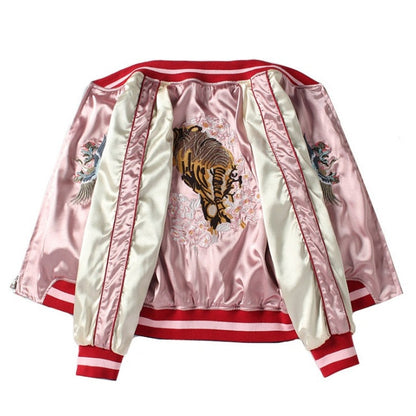 Veste d'Aviateur Femme Vintage en Satin Rose avec Broderies de Tigre