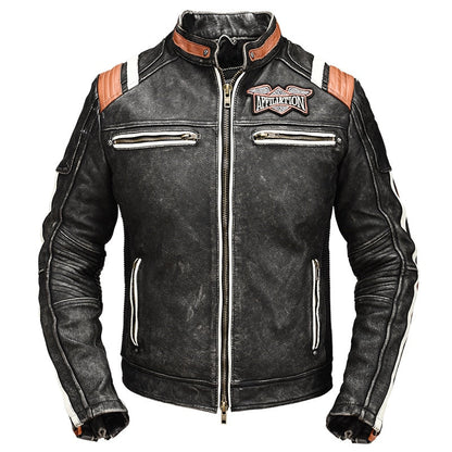 Veste Cuir Biker Vintage en Cuir Véritable avec Doublure Amovible