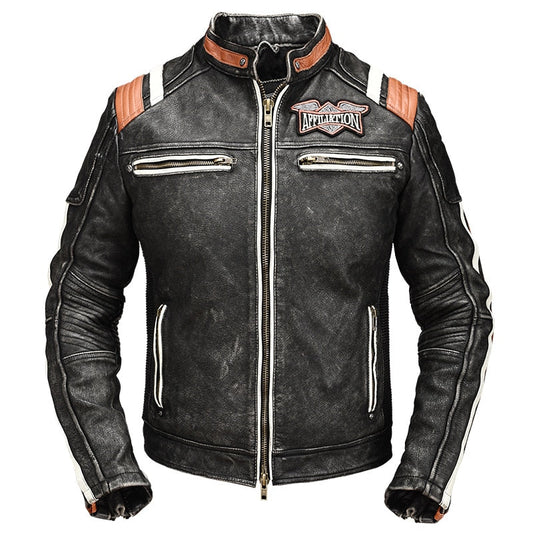 Veste Cuir Biker Vintage en Cuir Véritable avec Doublure Amovible