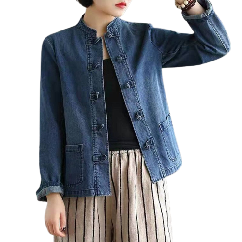 Veste Vintage Élégante en Coton Bleu avec Broderie