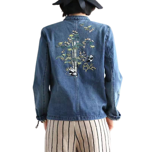 Veste Vintage Élégante en Coton Bleu avec Broderie