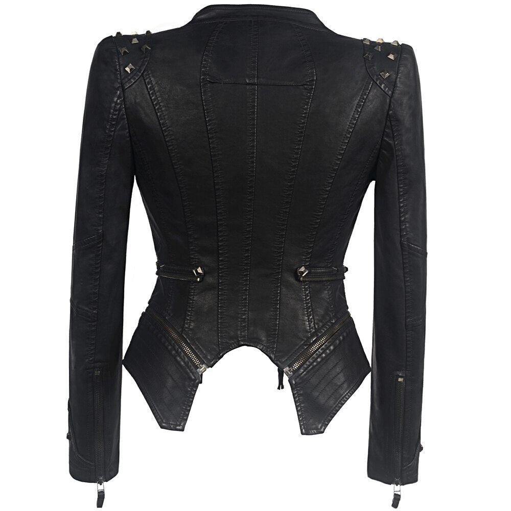 Veste En Cuir Noire Vintage avec Rivets Gothiques