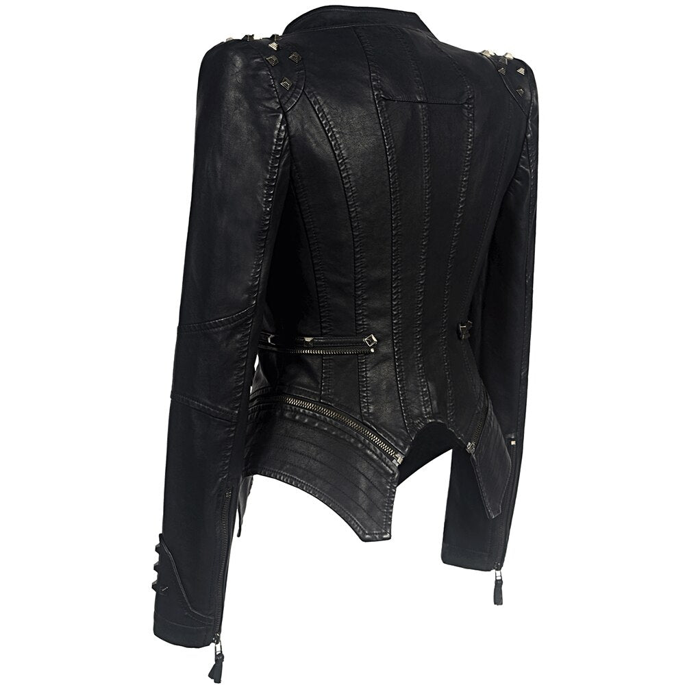 Veste En Cuir Noire Vintage avec Rivets Gothiques