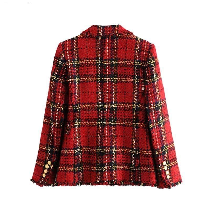 Veste Vintage Tweed Élégante à Motif Carré Rouge